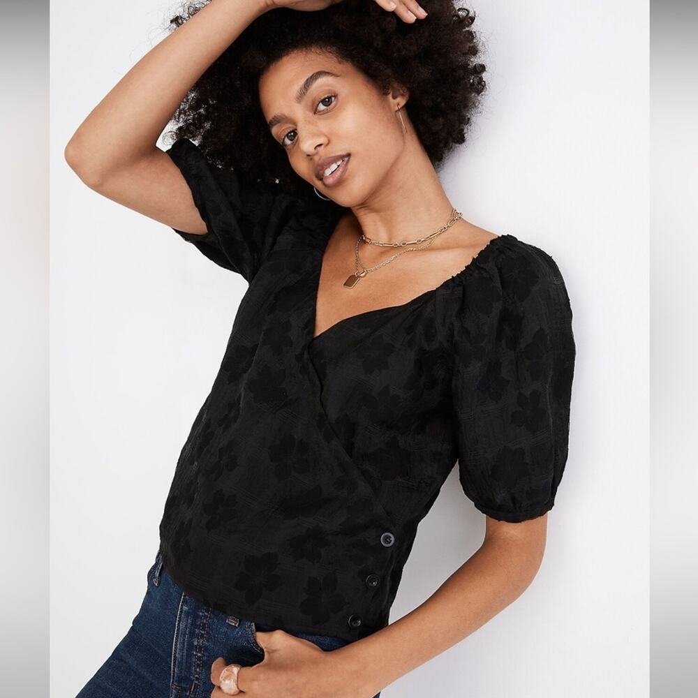 Madewell Puff-Sleeve Wrap Top in Floral Jacquard in Black Small